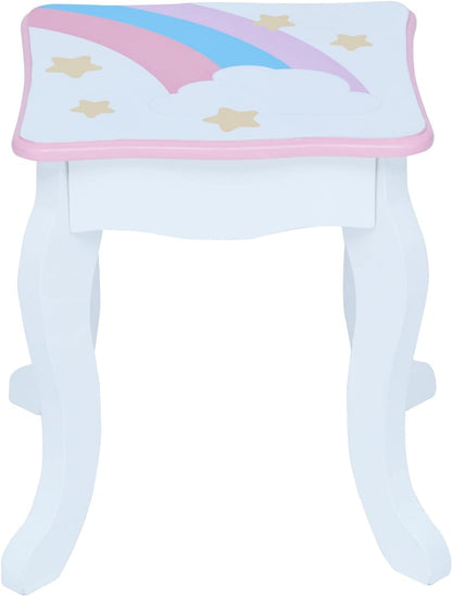 Fantasy Fields Little Dreamer Rainbow Unicorn Play Vanity Set with Rainbow-Shaped Mirror Frame, Cloud-Shaped Storage Drawers, and Stool, White with Pink, Blue and Lilac Rainbow Accents