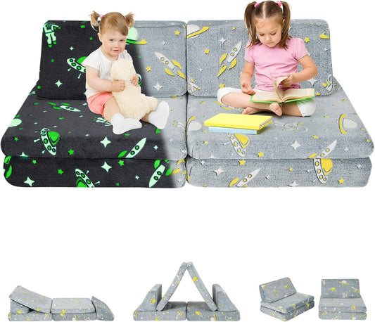 Costzon Convertible Kids Couch, Glow in Dark, 6-Piece Modular Sofa Playset with 4 Base Cushions & 2 Triangular Pillows, Washable Cover, Toddler to Teen Bedroom Playroom Furniture Activity Center, Grey