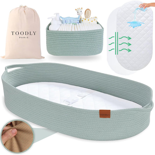 Baby Changing Basket with Diaper Caddy - Sage Green Moses Basket for Babies - Cotton Rope Diaper Changing Basket - Baby Diaper Changing Pad for Dresser - Changing Table Topper for Dresser - Toodly