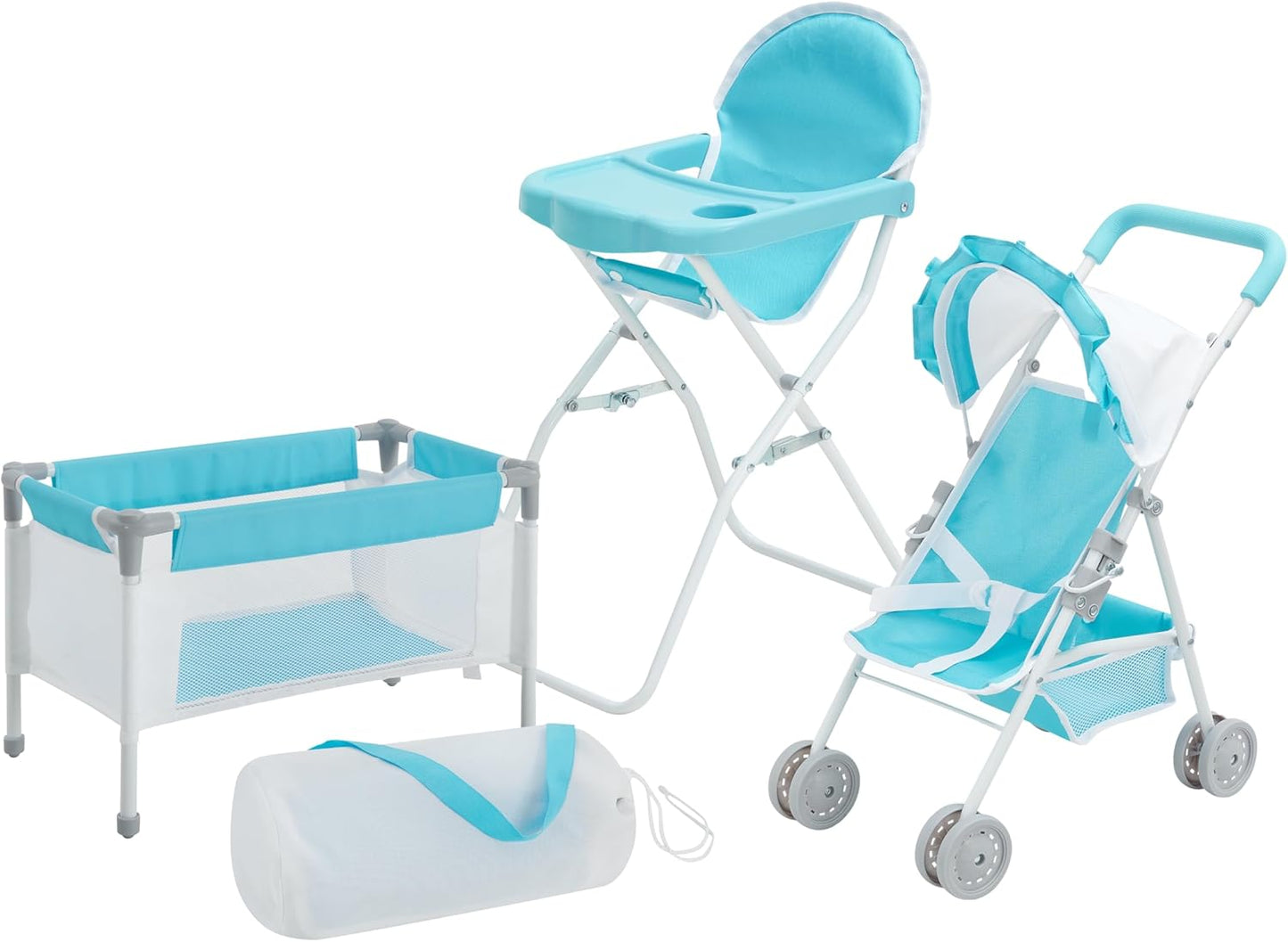 Olivia'S Little World Baby Doll 3Pc Nursery Set - Crib, High Chair & Stroller, Blue & White