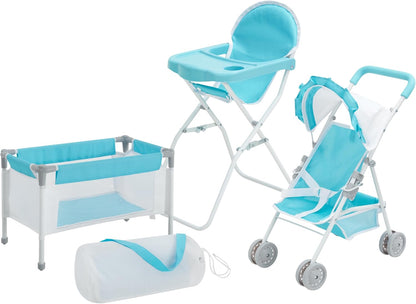 Olivia'S Little World Baby Doll 3Pc Nursery Set - Crib, High Chair & Stroller, Blue & White