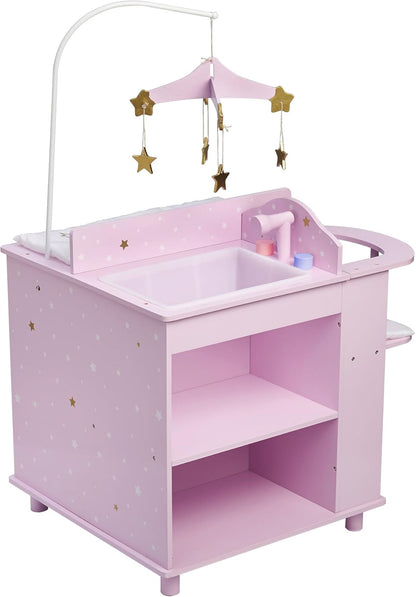 Olivia'S Little World Baby Doll Changing Station with Built-In Baby Doll High Chair, Closet, Shelves, Sink, Overhead Mobile, & Baby Doll Clothing Hangers for up to 18 Inch Dolls, Purple Stars