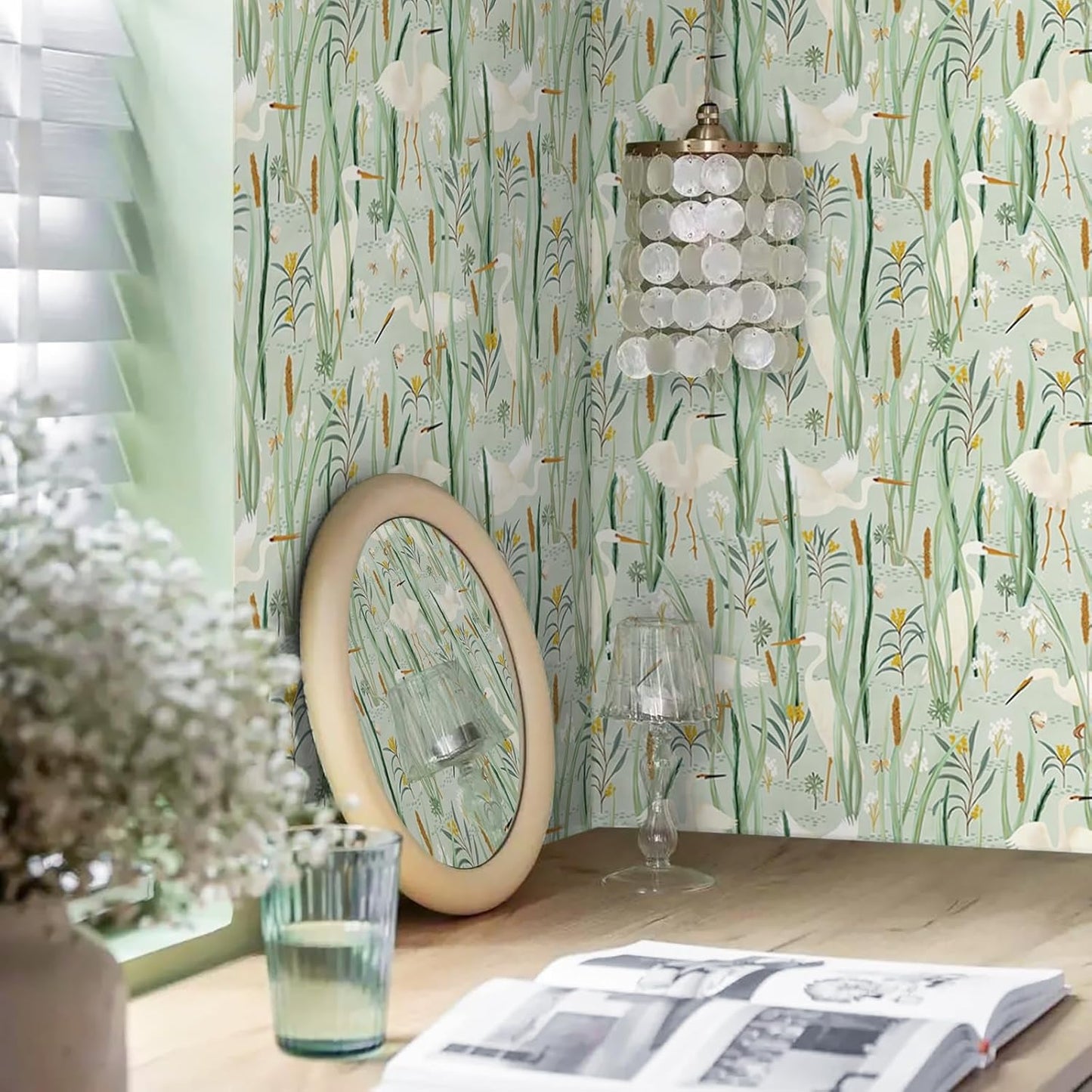 Ismoon Green Wallpaper Peel and Stick Cranes Egret Wallpaper Light Green Contact Paper Floral Bids Wallpaper Removable Peel and Stick Wallpaper 16.1X196In