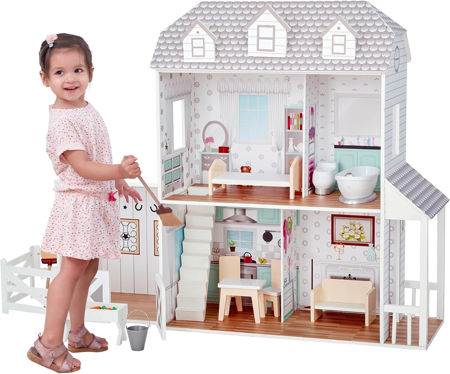 Teamson Kids - Dreamland Farm House Wooden Pretend Play Doll House Dollhouse for 12" Doll with 14 Pieces of Furniture - White / Gray