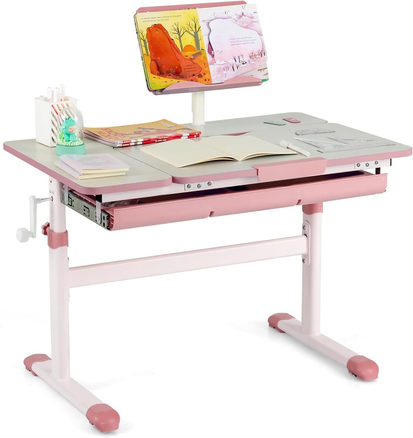 Costzon Kids Desk, Ergonomic Height-Adjustable Children Study Table W/Tiltable Desktop & Book Stand, Pull-Out Storage Drawer & Scale Ruler, Student Workstation for Writing, Drawing, Reading (Pink)