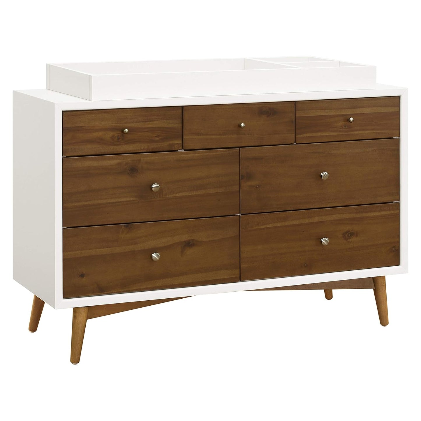 Babyletto Palma 7-Drawer Assembled Double Dresser in White and Natural Walnut, Greenguard Gold Certified, 19"D X 53"W X 34.25"H