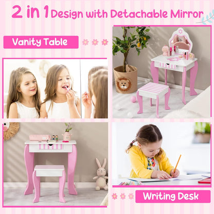 Costzon Kids Vanity, Girls Vanity Set with Mirror and Stool, Storage Drawer, Wooden Princess Makeup Dressing Table, Pretend Play Vanity Table and Chair Set for Toddlers