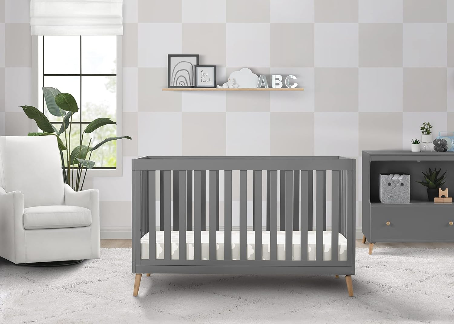 Delta Children Essex 4-In-1 Convertible Baby Crib, Grey with Natural Legs