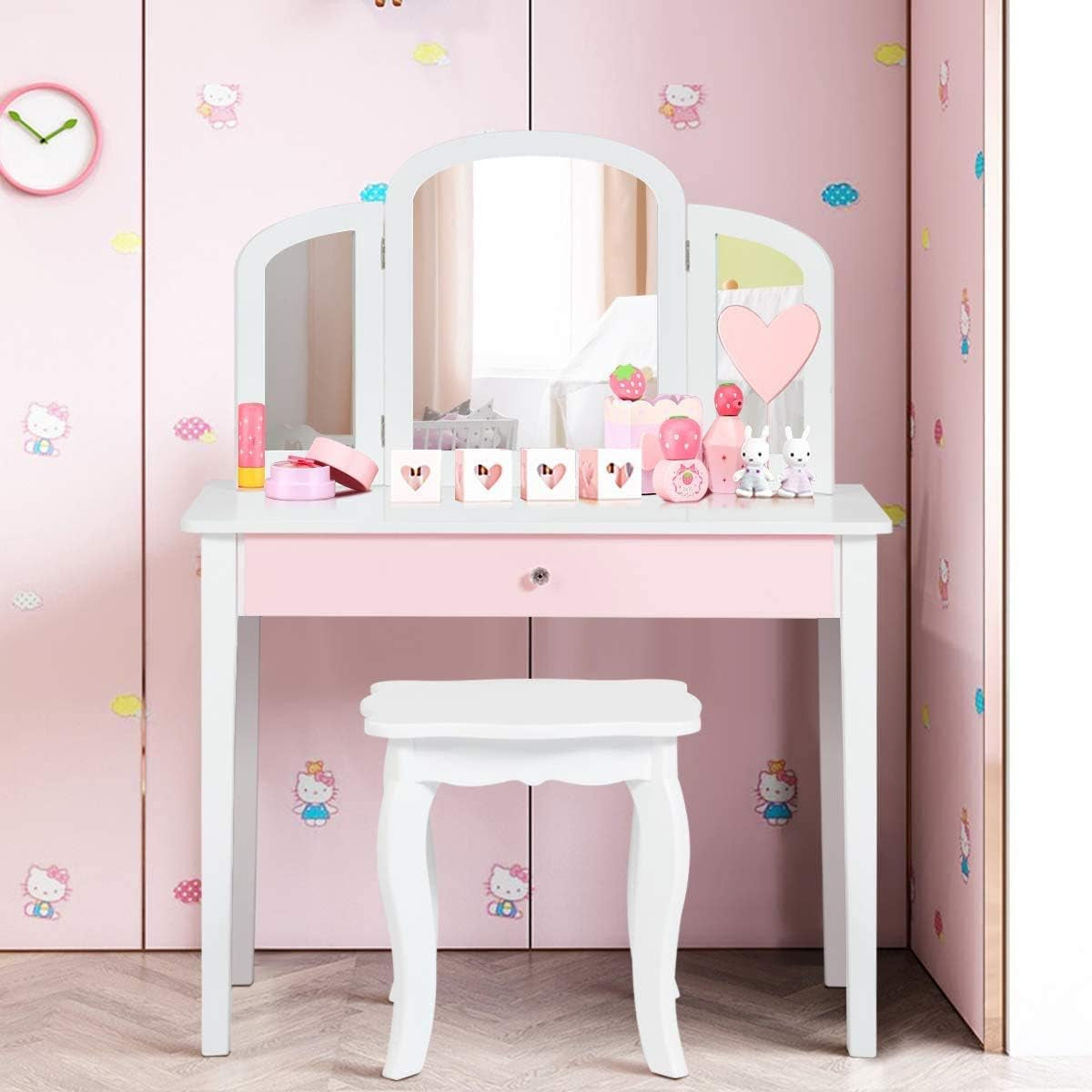 Costzon Kids Vanity Table, Princess Makeup Dressing Table with Drawer & Tri-Folding Mirror, 2-In-1 Vanity Set with Detachable Top, Pretend Beauty Play Vanity Set for Girls (Pink)