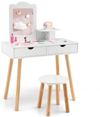 Costzon Kids Vanity Set, Girls Vanity Set with Mirror and Stool, 2 Large Drawers, Storage Shelf, Wooden Princess Makeup Dressing Table, Pretend Play Vanity Table and Chair Set for Toddlers, White