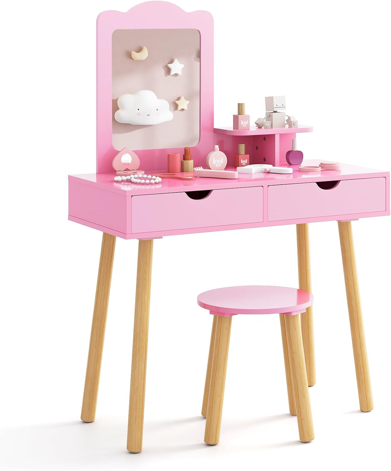 Costzon Kids Vanity Set, Girls Vanity Set with Mirror and Stool, 2 Large Drawers, Storage Shelf, Wooden Princess Makeup Dressing Table, Pretend Play Vanity Table and Chair Set for Toddlers (Pink)