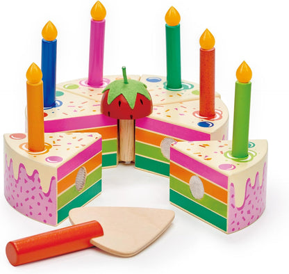 Tender Leaf Toys - Rainbow Birthday Cake - Pretend Play Food Toy with Candles and Server, Birthday Party Decoration or Gift for Kids - Develops Social Skills and Imaginative Play for Children - Age 3+