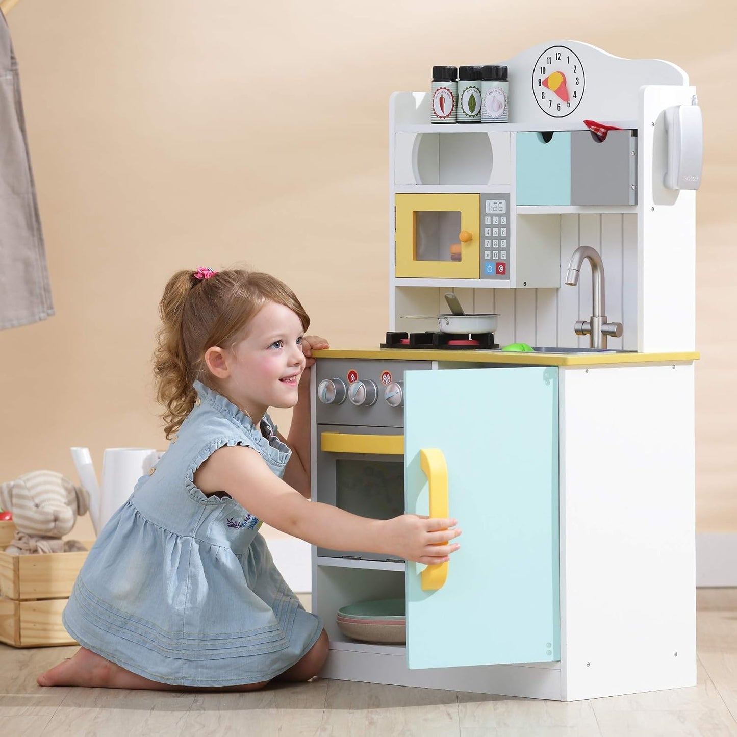 Teamson Kids Little Chef Florence Classic Interactive Wooden Play Kitchen with Accessories and Storage Space for Easy Clean Up, White with Mint Green and Yellow Accents