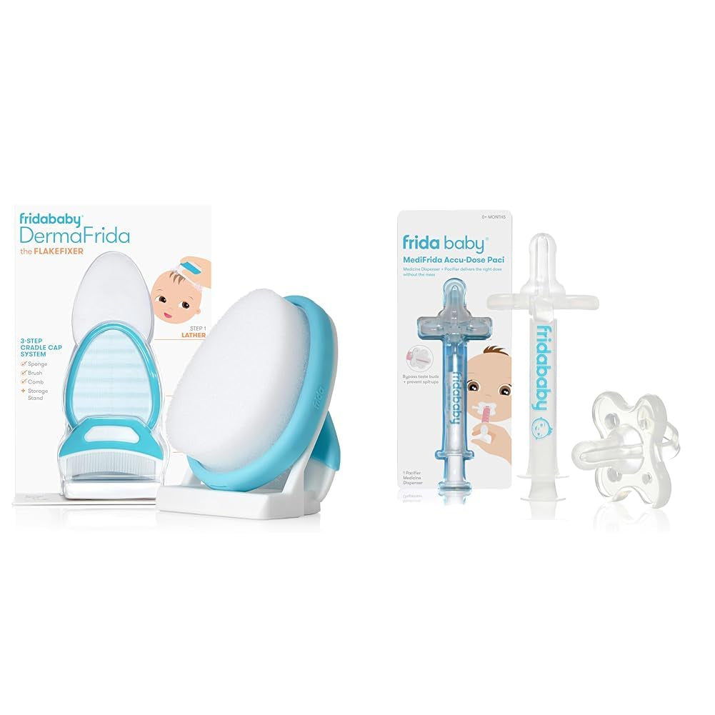 Frida Baby the 3-Step Cradle Cap System, Dermafrida the Flakefixer, Sponge, Brush, Comb and Storage Stand + Frida Baby Medicine Pacifier, Medicine Syringe & Accu-Dose Pacifier