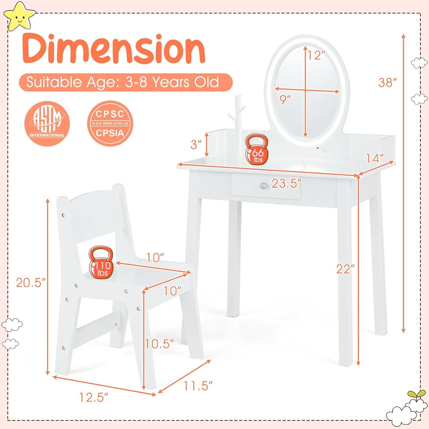 Costzon Kids Vanity, Girls Vanity Set with Mirror and Stool and Lights, Drawer, Jewelry Rack, 2 in 1 Wooden Princess Makeup Desk Dressing Table, Pretend Play Kids Vanity Table and Chair Set (White)