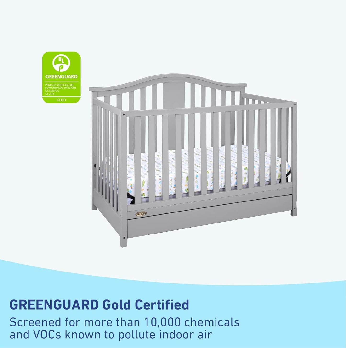 Graco Solano 4-In-1 Convertible Crib with Drawer (Pebble Gray) – GREENGUARD Gold Certified, Crib with Drawer Combo, Includes Full-Size Nursery Storage Drawer, Converts to Toddler Bed and Full-Size Bed