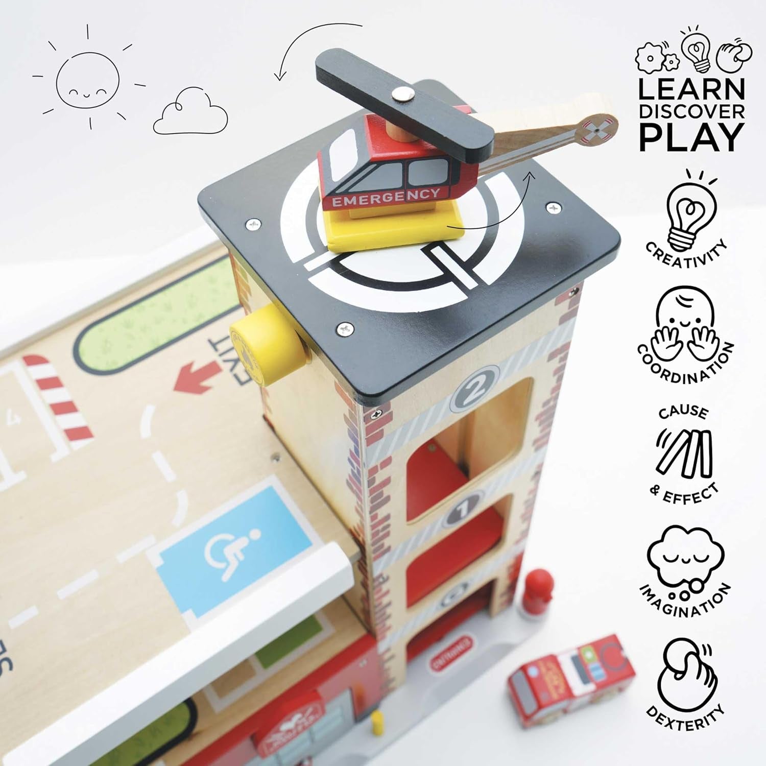 Le Toy Van Wooden 3 Storey Fire & Rescue Garage Toy Car Play Set, Vehicle Role Play Toys, Suitable for 36+ Months, TV453