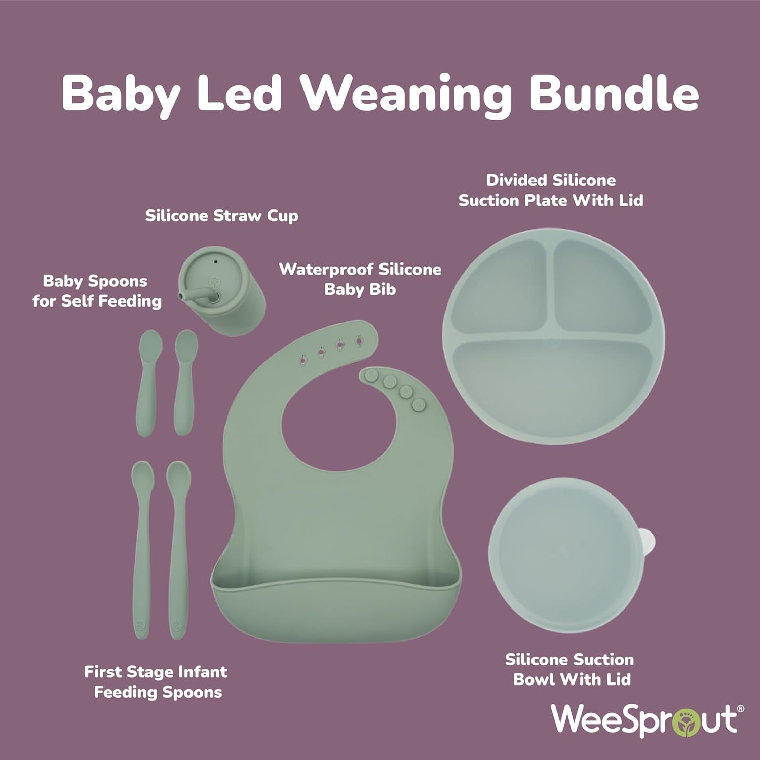 Weesprout Baby Led Weaning Bundle, Silicone Suction Bowl, Spoons, Bib & Cup, Develops Self Feeding Skills, Dishwasher Safe (Mint)