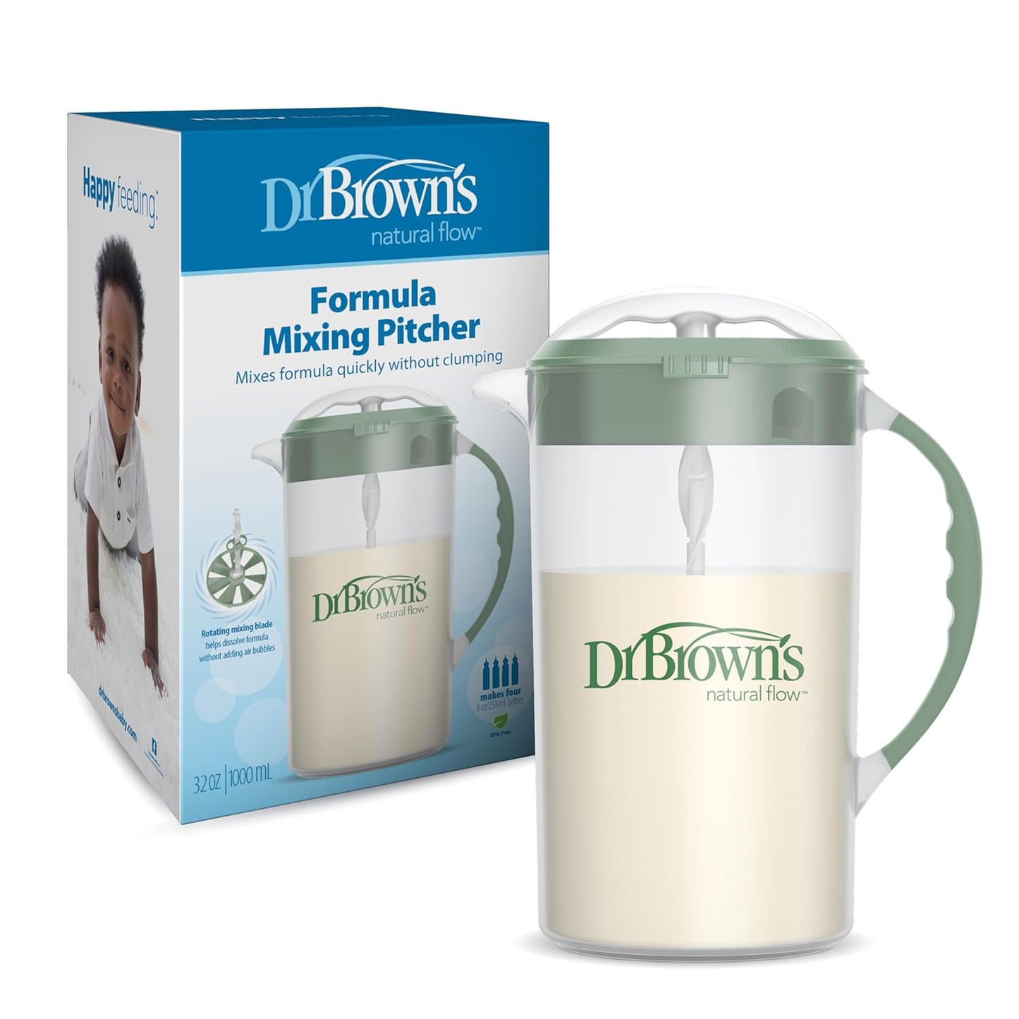 Dr. Brown'S Baby Formula Mixing Pitcher with Adjustable Stopper, Locking Lid, & No Drip Spout, 32Oz, BPA Free, Olive