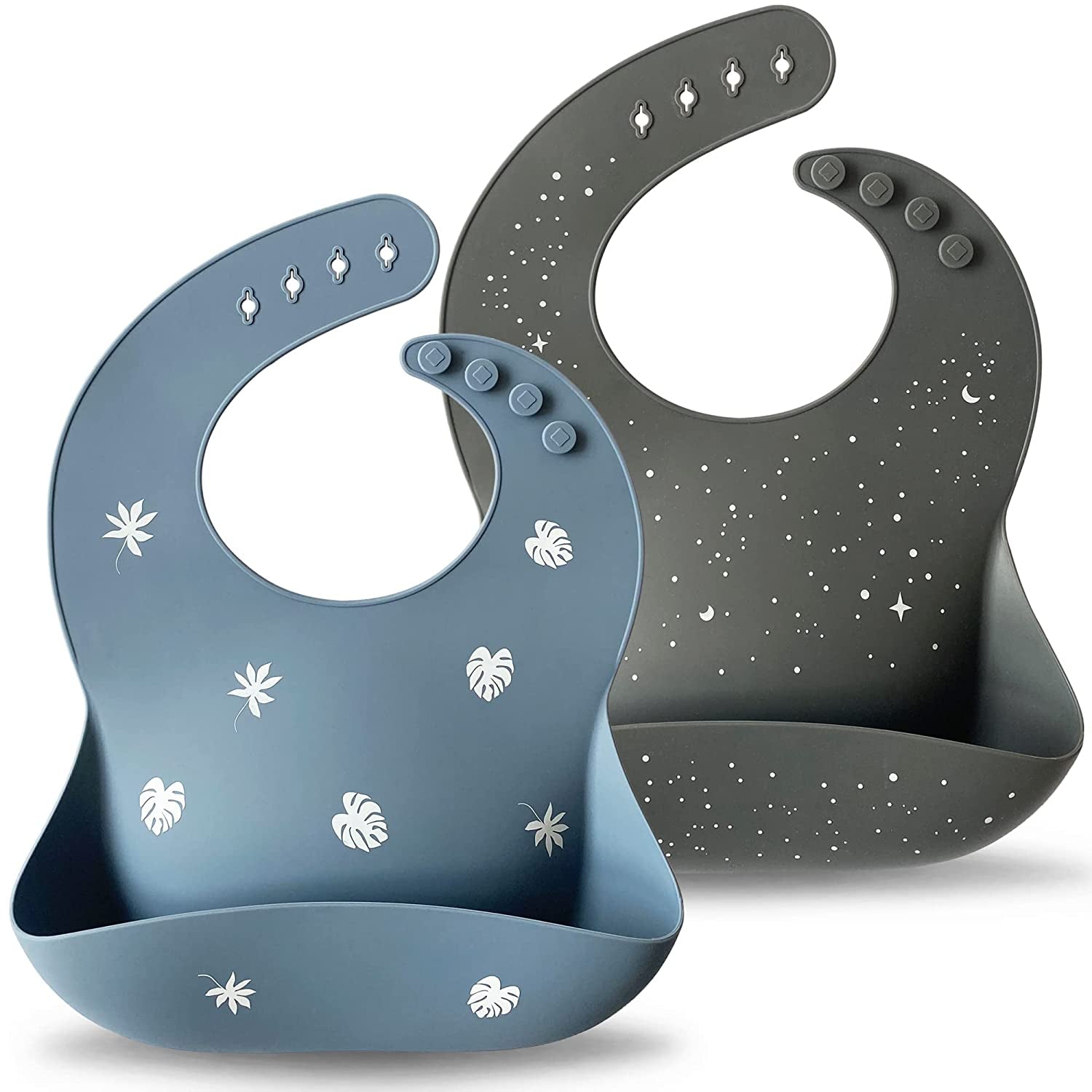 Moonkie Silicone Baby Bibs Set of 2 | BPA Free Waterproof | Soft Durable Adjustable Silicone Bibs for Babies & Toddlers(Tradewinds/Dark Grey)