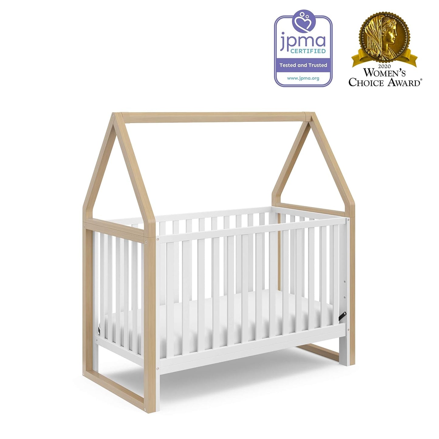 Storkcraft Orchard 5-In-1 Convertible Crib (White with Driftwood) – GREENGUARD Gold Certified, Canopy Style Baby Crib, Converts from Crib to Toddler Bed, Daybed and Full-Size Bed