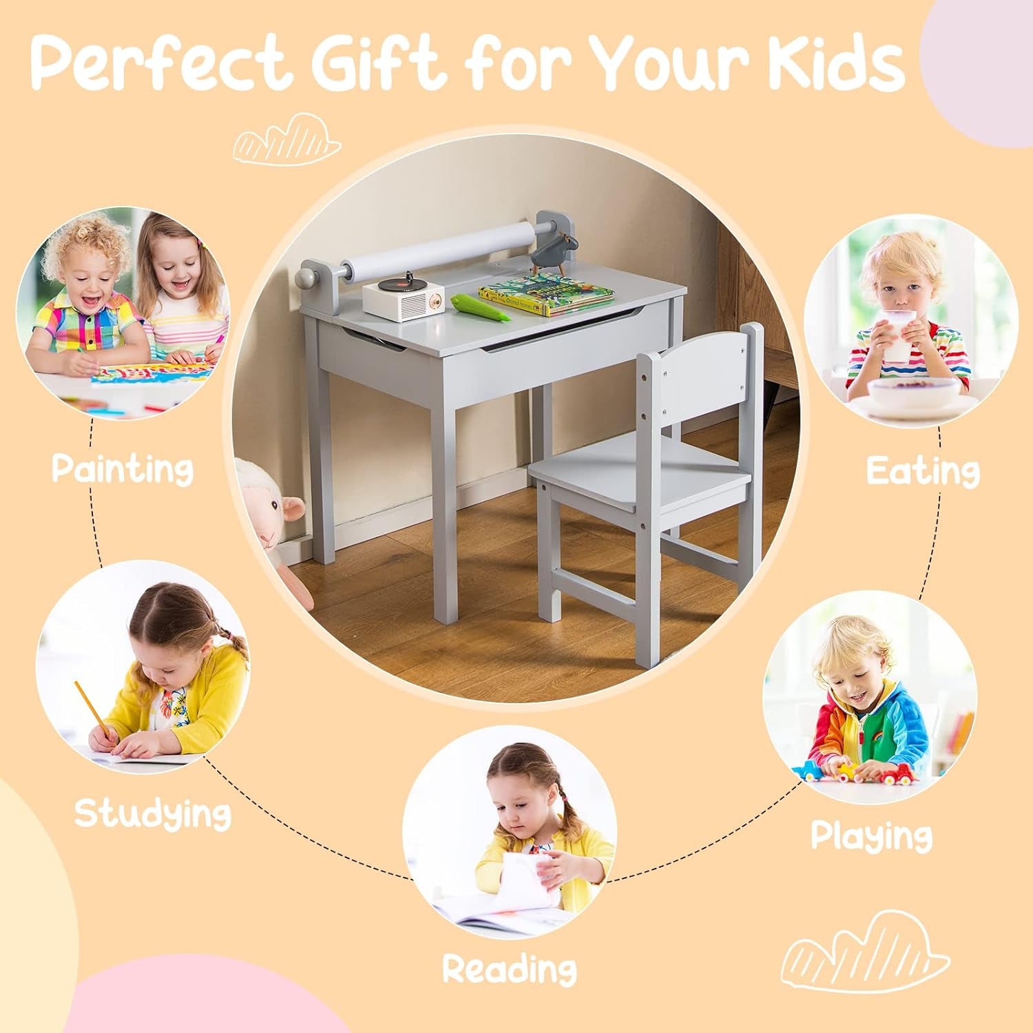 Costzon Kids Table and Chair Set, Flip Top Kids Art Craft Table W/Chair for Playroom Kindergarten, Toddler Drawing Writing Desk Set W/Paper Roll & 2 Markers, Gift for Boys Girls Ages 3+ (White)