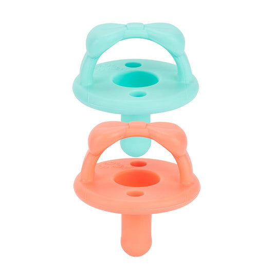 Itzy Ritzy Silicone Pacifiers for Newborn - Sweetie Soother Pacifiers Feature Collapsible Handle & Two Air Holes for Added Safety; for Ages Newborn and Up, Set of 2 in Aquamarine & Peach