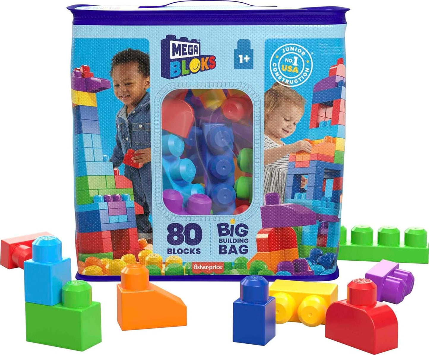 MEGA BLOKS First Builders Toddler Blocks Toys Set, Big Building Bag with 80 Pieces and Storage, Blue, Ages 1+ Years