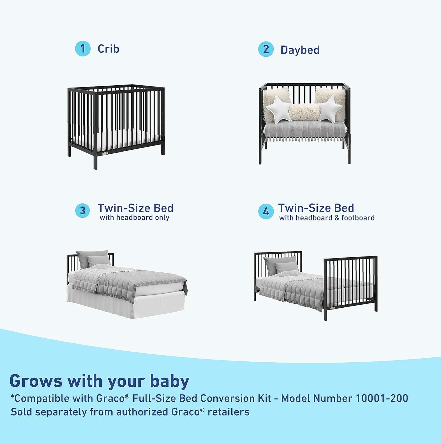 Graco Teddi 4-In-1 Convertible Mini Crib with Bonus Water-Resistant Mattress (Black) – GREENGUARD Gold Certified, 2.75-Inch Mattress Included, Convenient Size, Easy 30-Minute Assembly