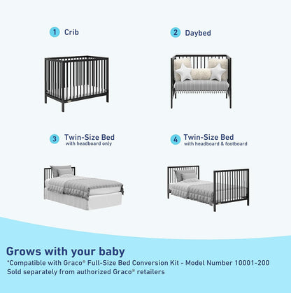 Graco Teddi 4-In-1 Convertible Mini Crib with Bonus Water-Resistant Mattress (Black) – GREENGUARD Gold Certified, 2.75-Inch Mattress Included, Convenient Size, Easy 30-Minute Assembly