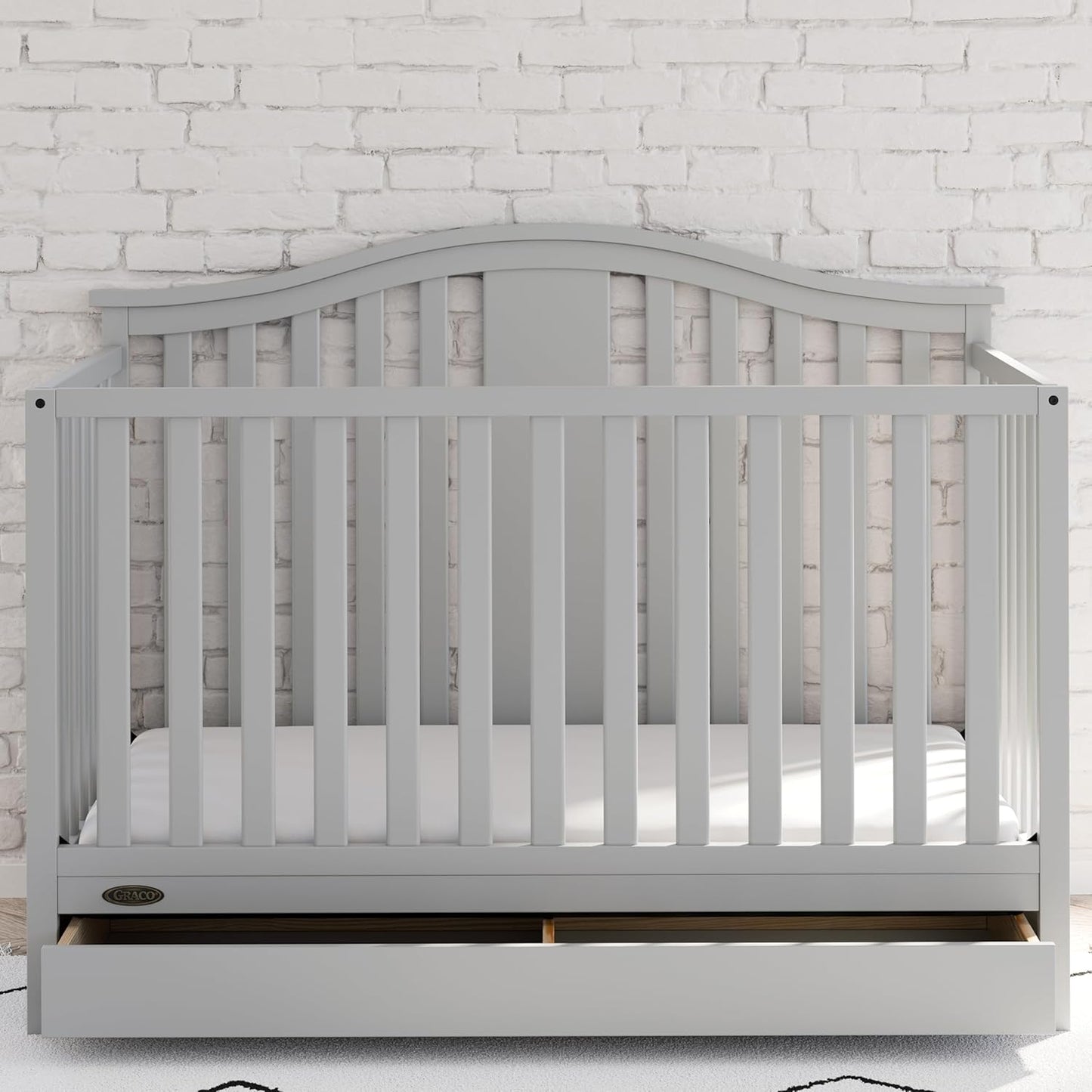 Graco Solano 4-In-1 Convertible Crib with Drawer (Pebble Gray) – GREENGUARD Gold Certified, Crib with Drawer Combo, Includes Full-Size Nursery Storage Drawer, Converts to Toddler Bed and Full-Size Bed