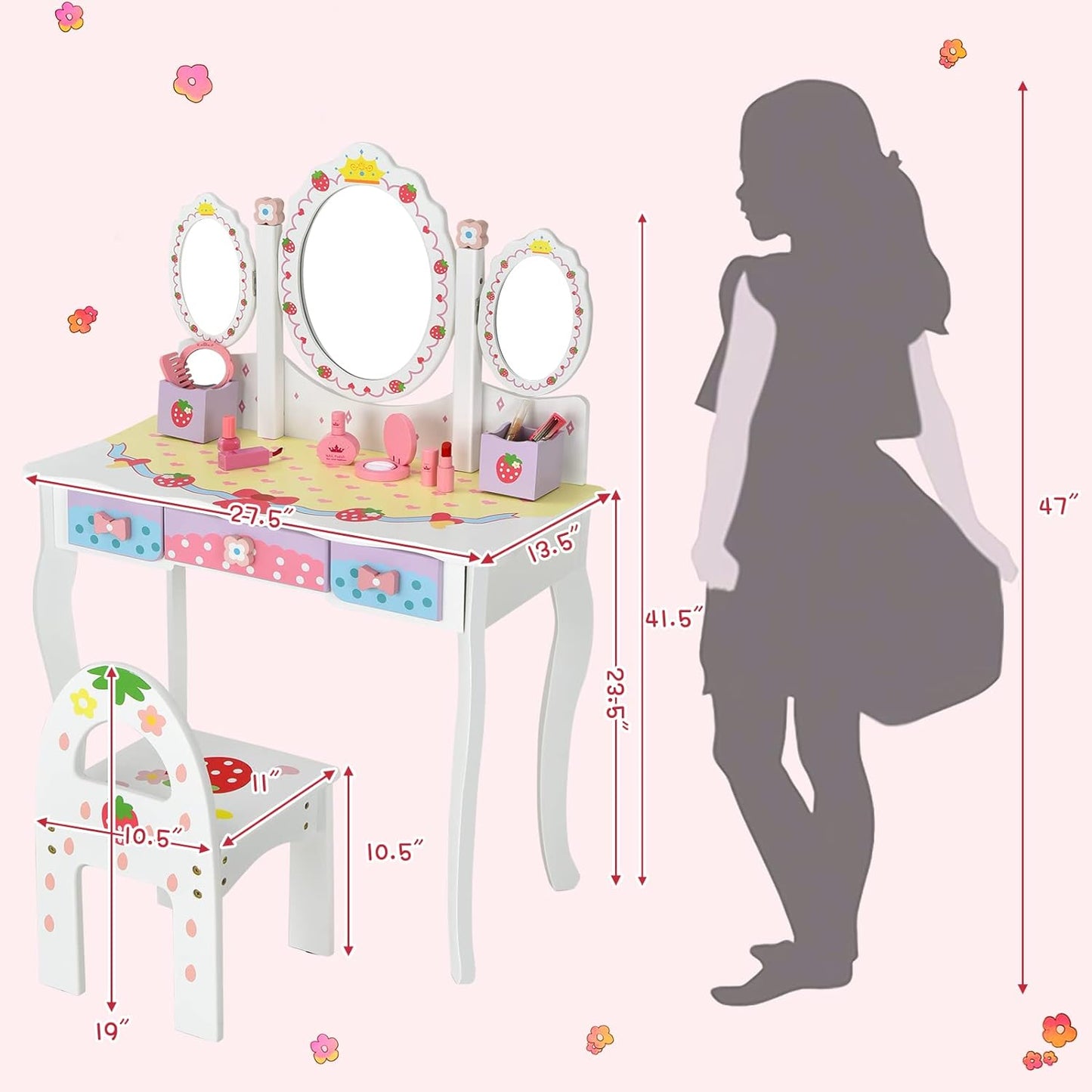 Costzon Kids Vanity Set with Mirror, 2 in 1 Princess Makeup Dressing Table W/Detachable Top, Toddler Vanity W/Drawers, Accessories, Pretend Play Vanity Table & Chair Set for Little Girls, White