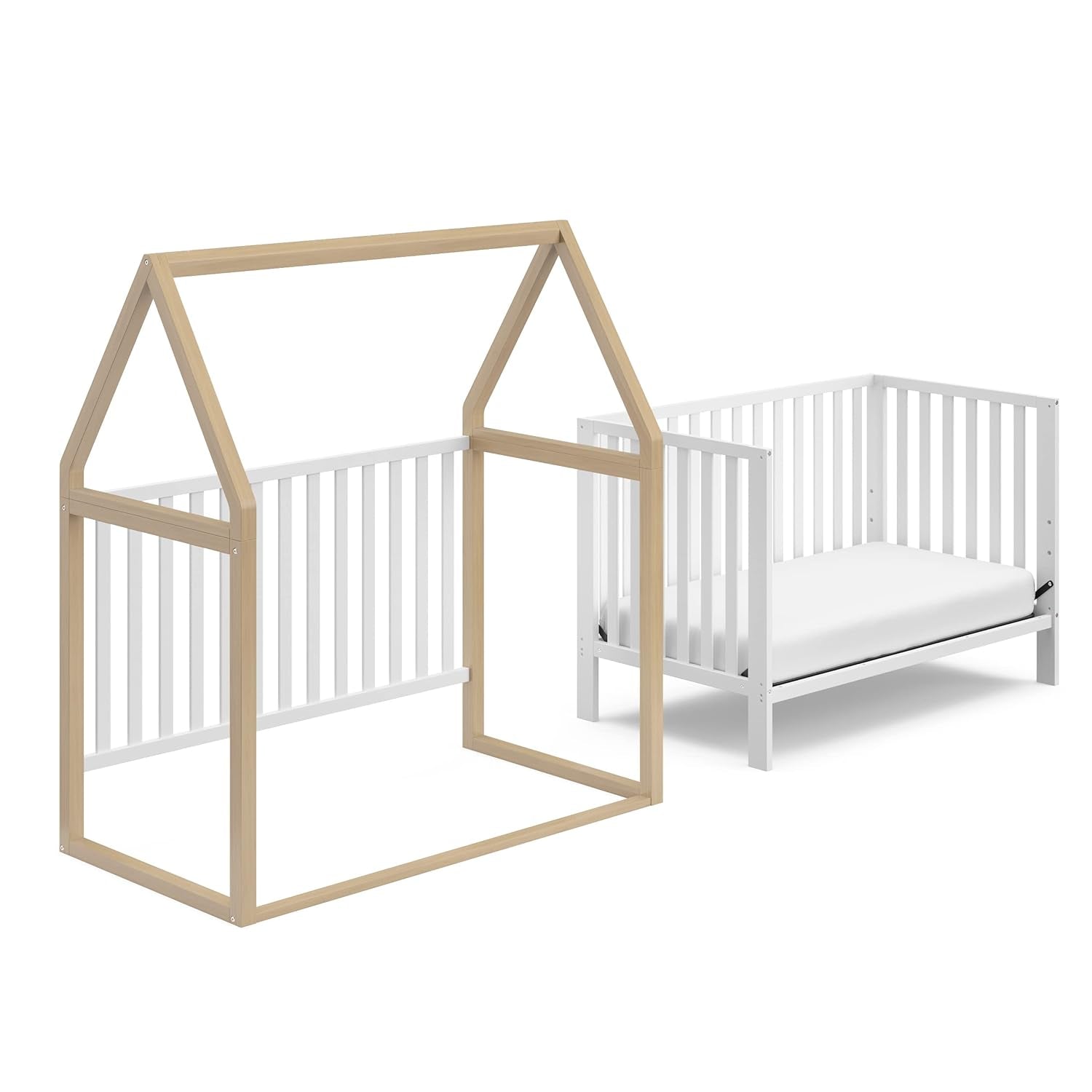 Storkcraft Orchard 5-In-1 Convertible Crib (White with Driftwood) – GREENGUARD Gold Certified, Canopy Style Baby Crib, Converts from Crib to Toddler Bed, Daybed and Full-Size Bed