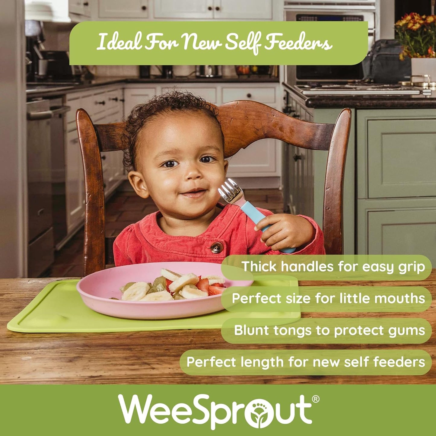 Weesprout Toddler Utensils, 3 Forks & 3 Spoons, 18/8 Stainless Steel & Food Grade Silicone, Thick Easy-Grip Handles, Perfect Length for New Self Feeders, Gentle on Gums & Teeth, Dishwasher Safe