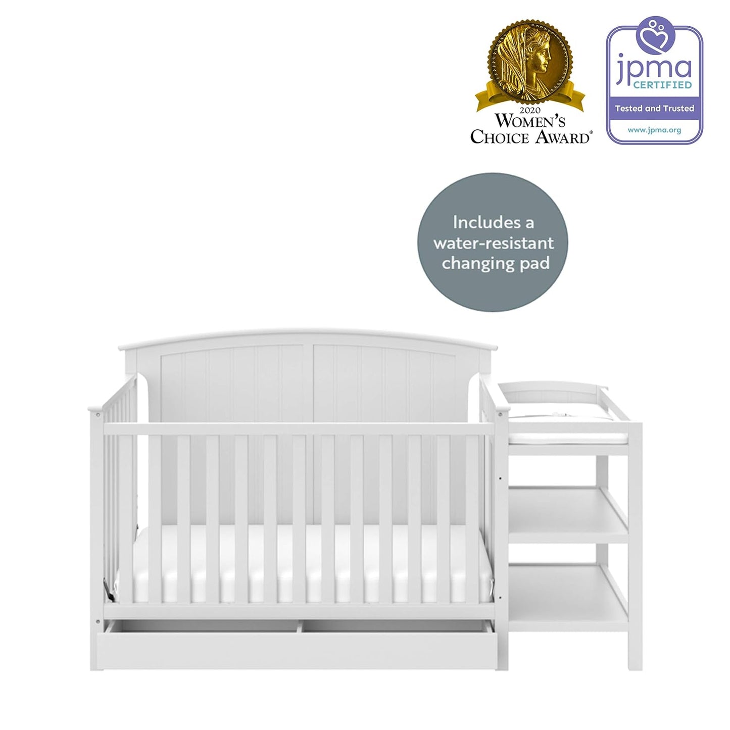 Storkcraft Steveston 5-In-1 Convertible Crib and Changer with Drawer (White) – GREENGUARD Gold Certified, Crib and Changing Table Combo with Drawer, Converts to Toddler Bed, Daybed and Full-Size Bed