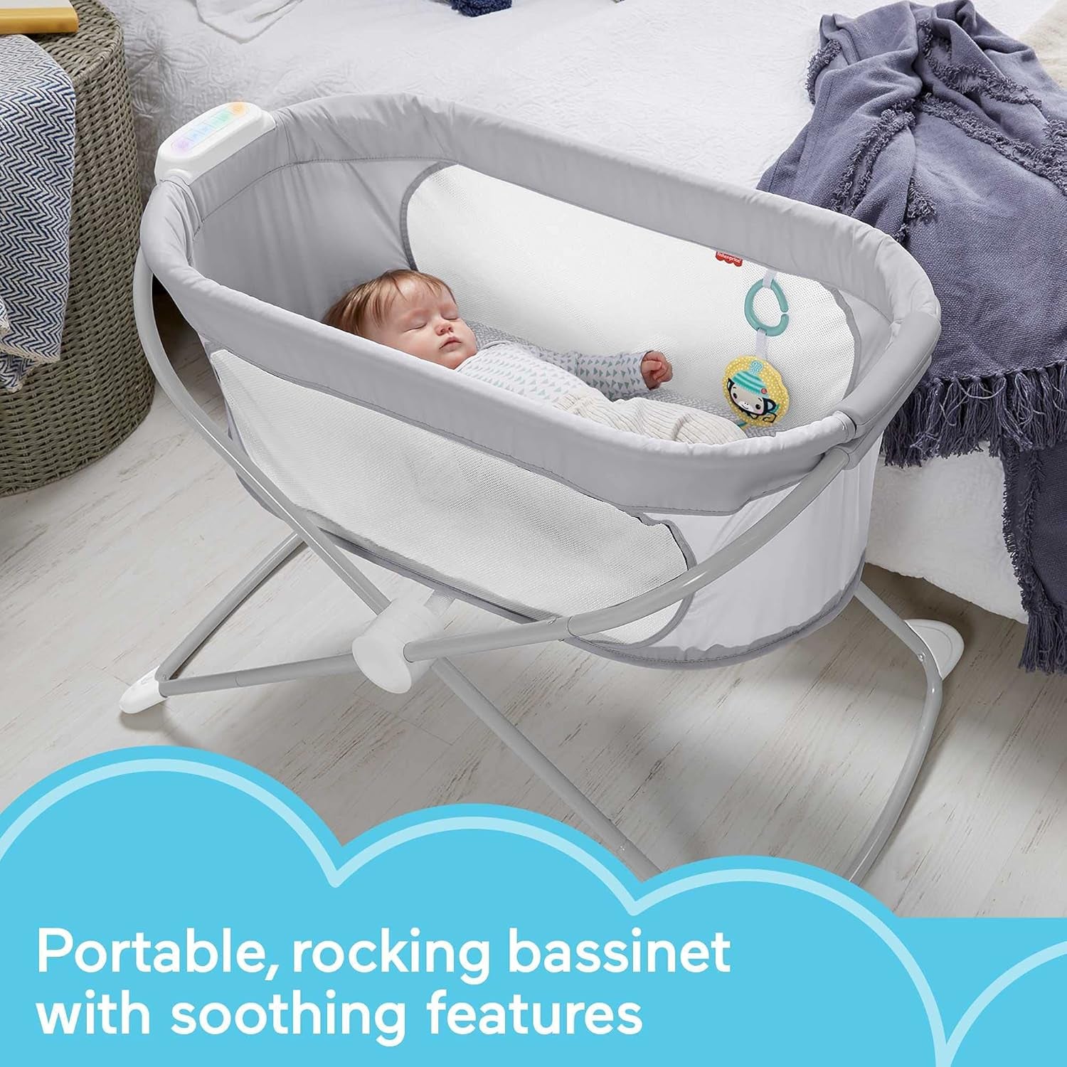 Fisher-Price Portable Baby Crib Soothing View Vibe Bassinet with Music Vibrations & Slim Fold for Travel Newborns 0+ Months, Hearthstone