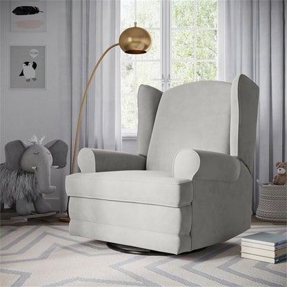 Storkcraft Serenity Upholstered Swivel Glider with USB Charging Port (Steel) – Fully Upholstered Wingback Nursery Glider Recliner with Manual Recline Function, 2 USB Charging Ports, 360 Swivel Base