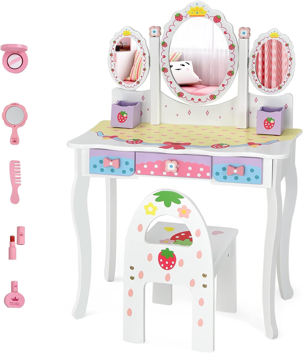 Costzon Kids Vanity Set with Mirror, 2 in 1 Princess Makeup Dressing Table W/Detachable Top, Toddler Vanity W/Drawers, Accessories, Pretend Play Vanity Table & Chair Set for Little Girls, White