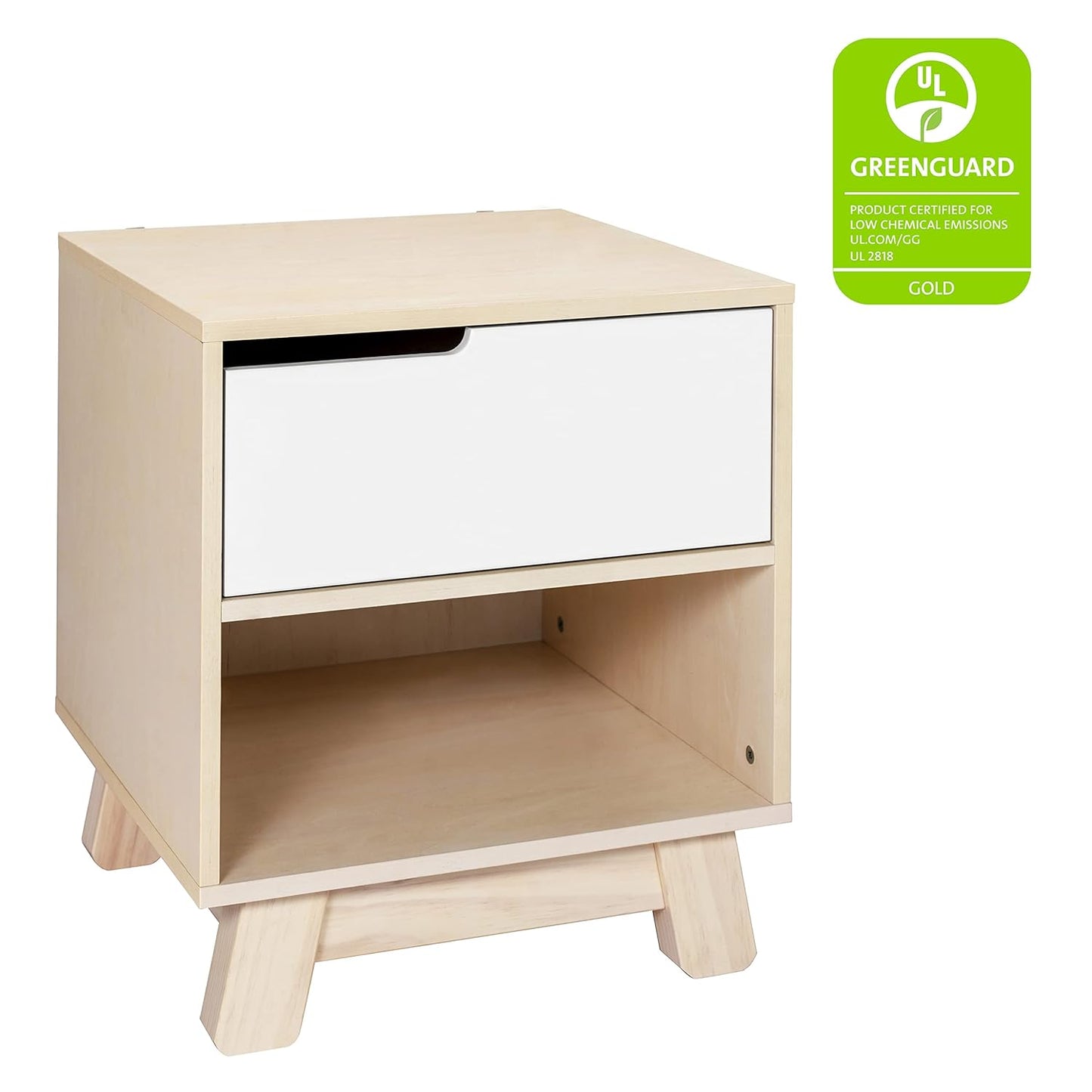 Babyletto Hudson Nightstand with USB Port in Washed Natural and White, 1 Drawer and Storage Cubby