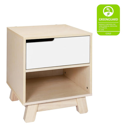 Babyletto Hudson Nightstand with USB Port in Washed Natural and White, 1 Drawer and Storage Cubby