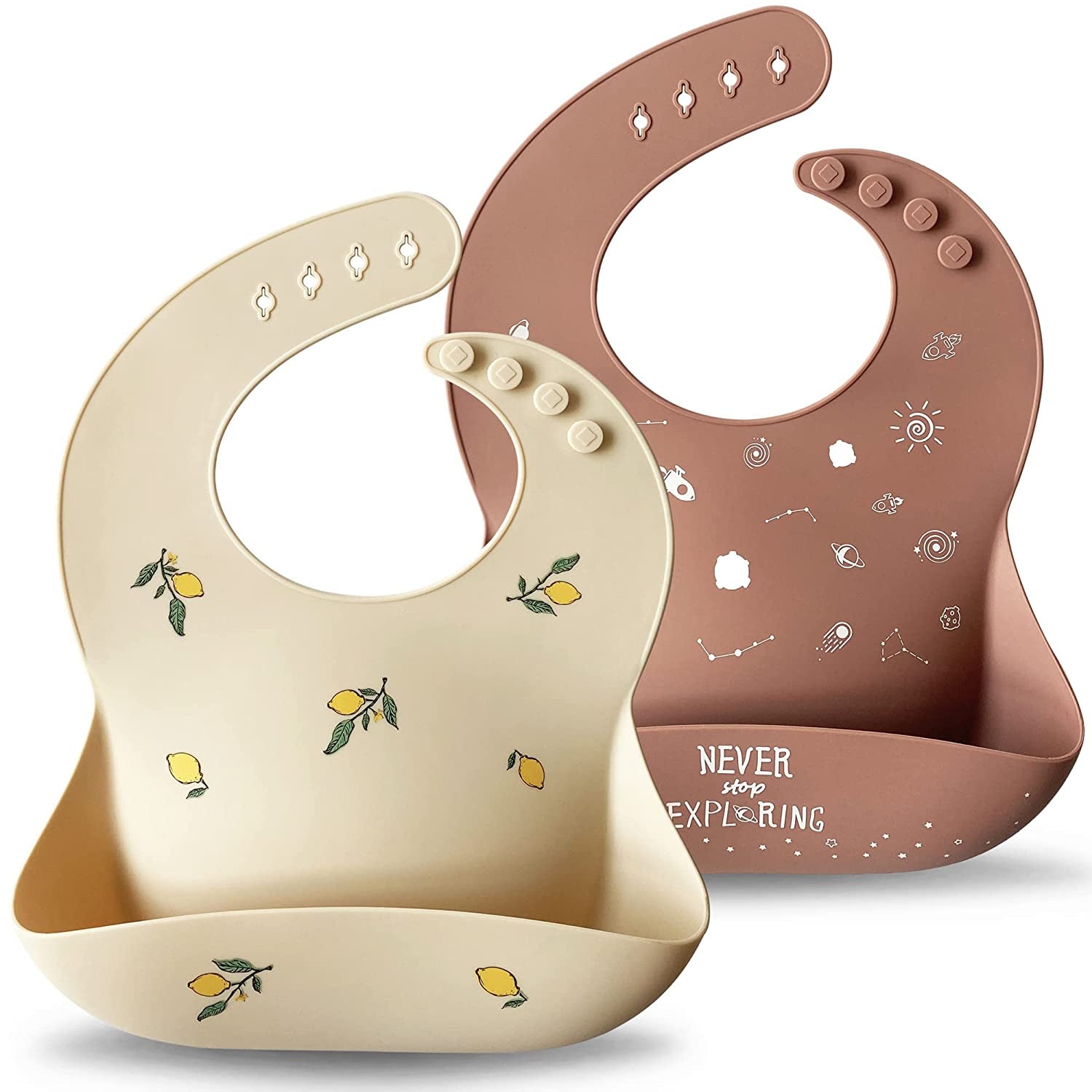 Moonkie Silicone Baby Bibs Set of 2 | BPA Free Waterproof | Soft Durable Adjustable Silicone Bibs for Babies & Toddlers(Shifting Sand/Burlwood)