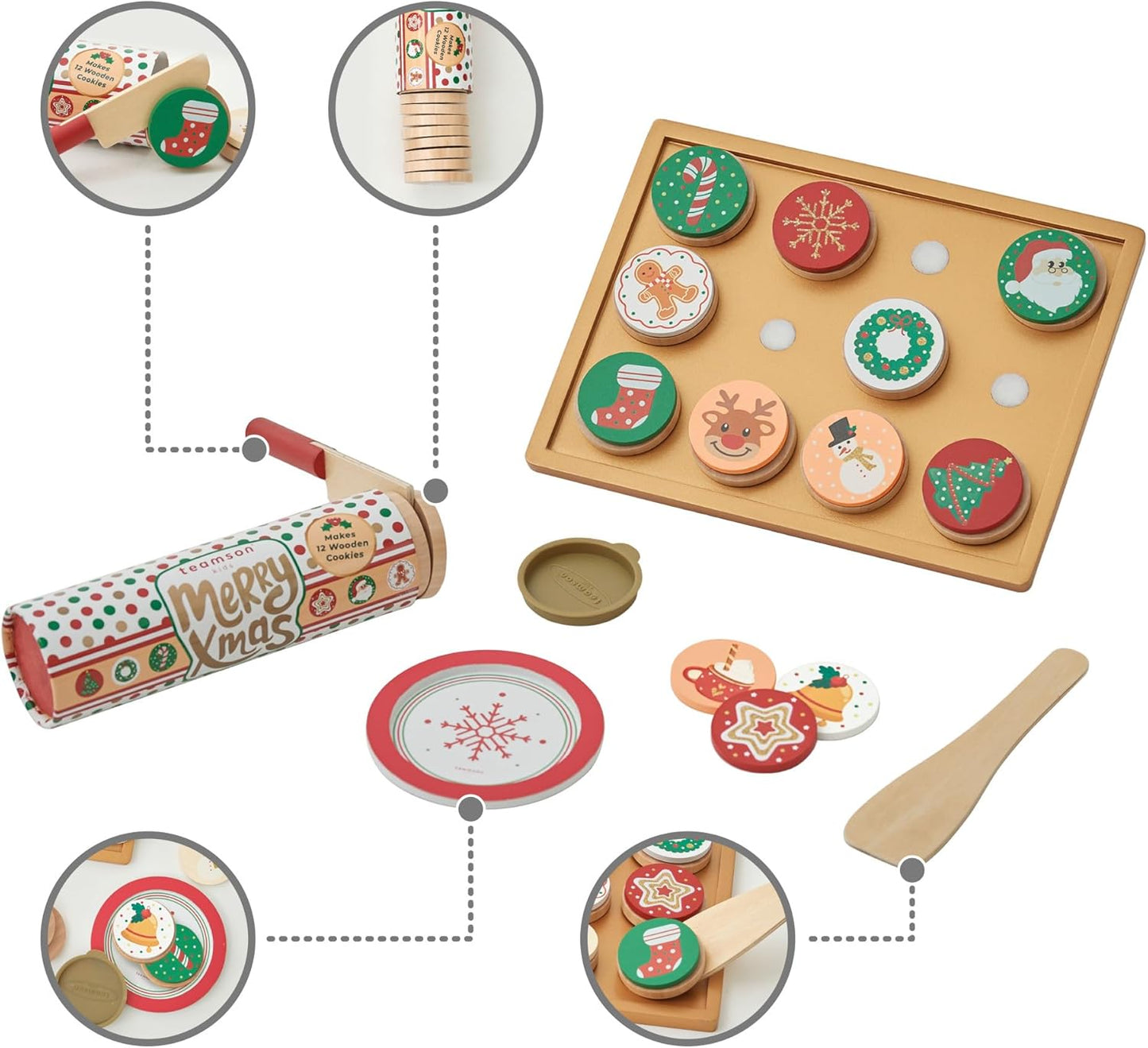 Teamson Kids Cuttable Christmas Cookie Play Wooden Food Set with Sliceable Cookies, Decorations, and Cookie Sheet - for 3 Yrs. and up - Multi