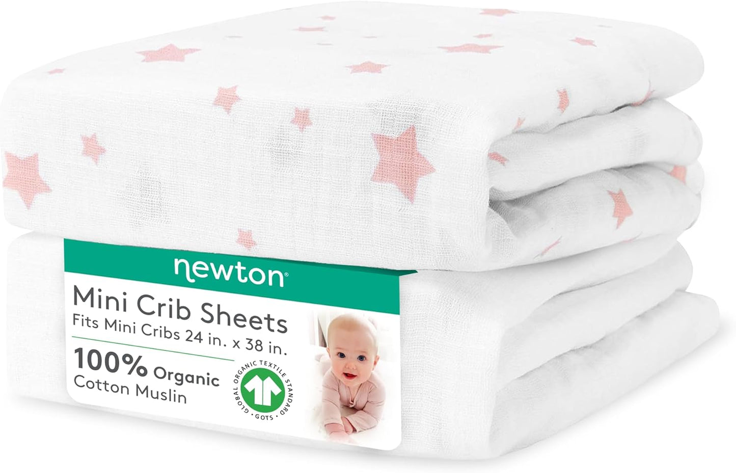 Newton Baby Mini Crib Fitted Sheets (2-Pack) | Organic Muslin Cotton, Breathable & Soft Baby Sheets, Machine Washable Baby Mattress Sheets, Fits Any Mini Sized Crib 24" X 38", Stardust Coral + White