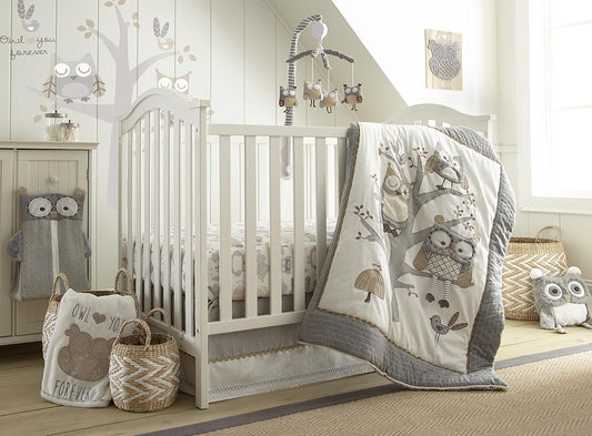 Levtex Baby - Night Owl Crib Bed Set - Baby Nursery Set - Grey, Tan and Cream - Owls in a Tree - 5 Piece Set Includes Quilt, Fitted Sheet, Diaper Stacker, Wall Decal & Crib Skirt/Dust Ruffle