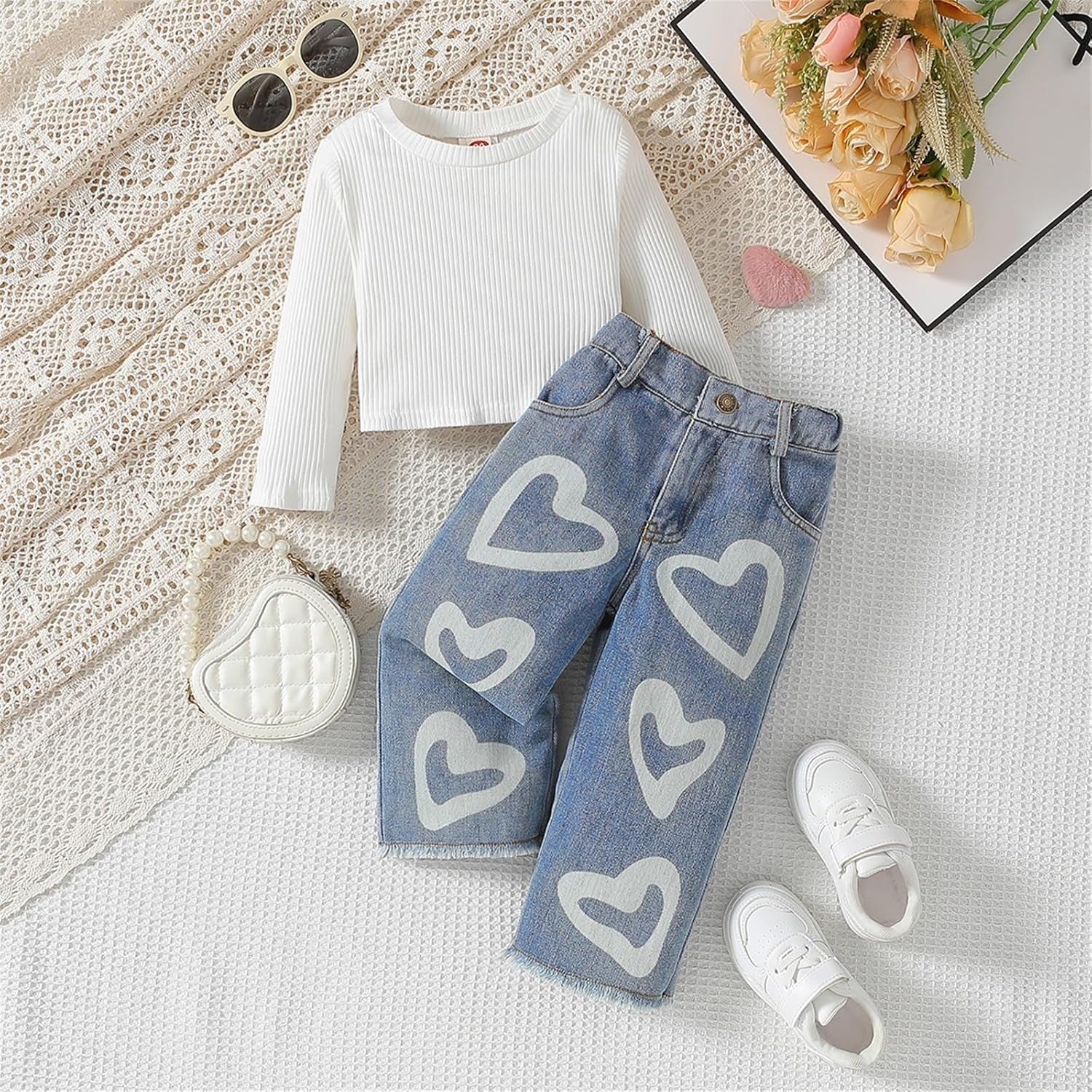 Toddler Girls Clothes 2T 3T 4T 5T Ribbed Baby Kids Girl Denim Outfits Long Sleeve Tops Love Hearts Jeans Pants