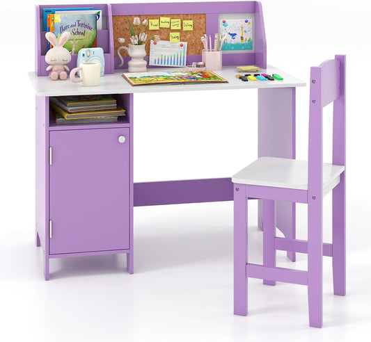 Costzon Kids Desk and Chair Set, Wooden Children Study Table with Storage, Hutch, Cork Bulletin Board, Whiteboard & Marker, Student Computer Workstation Writing Desk for Kids Bedroom, School, Purple