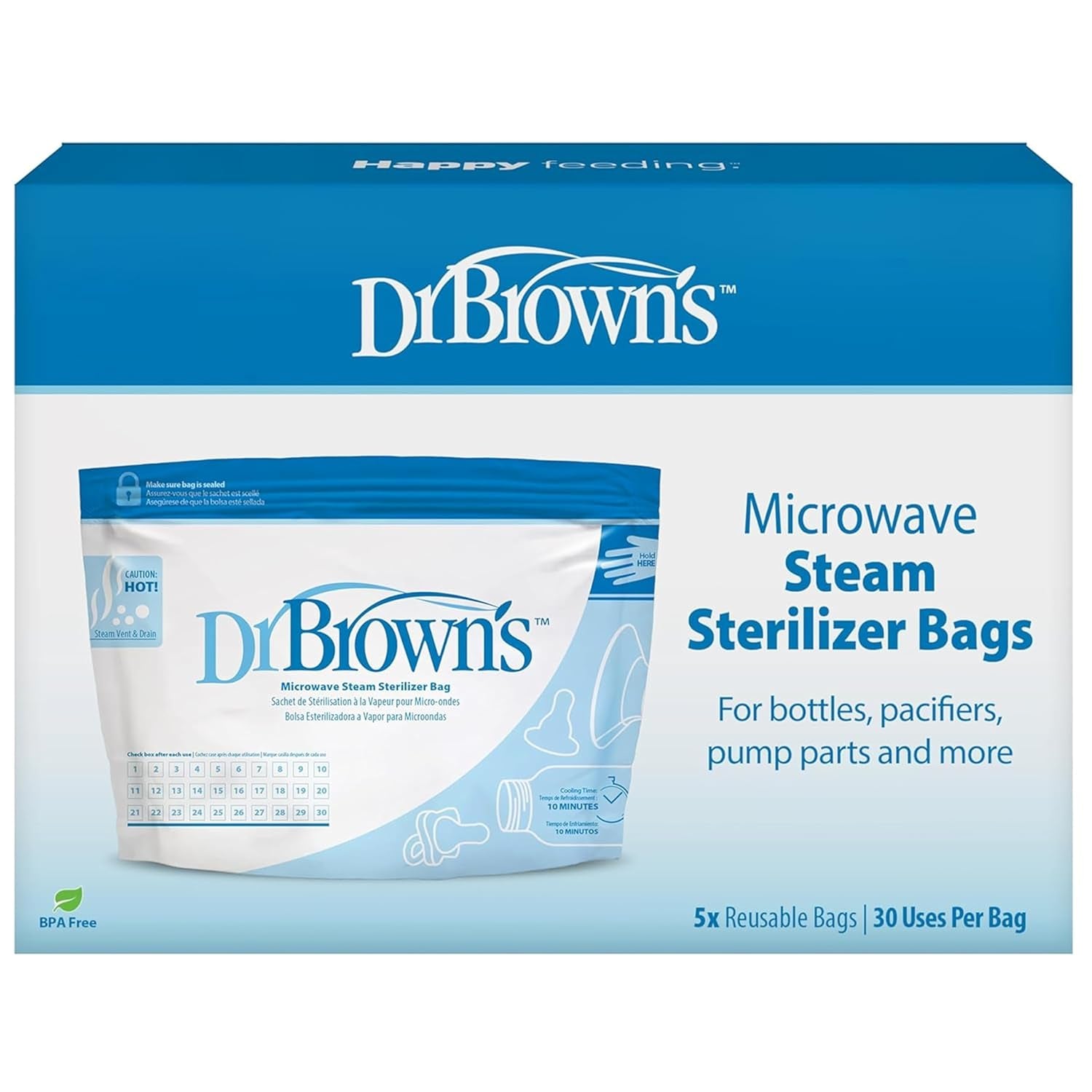 Dr. Brown'S Microwave Steam Sterilizer Bags for Baby Bottles, Pacifiers, Pump Parts and Accessories, Travel Baby Bottle Sterilizer, 30 Uses per Bag, 5 Count (Pack of 1)