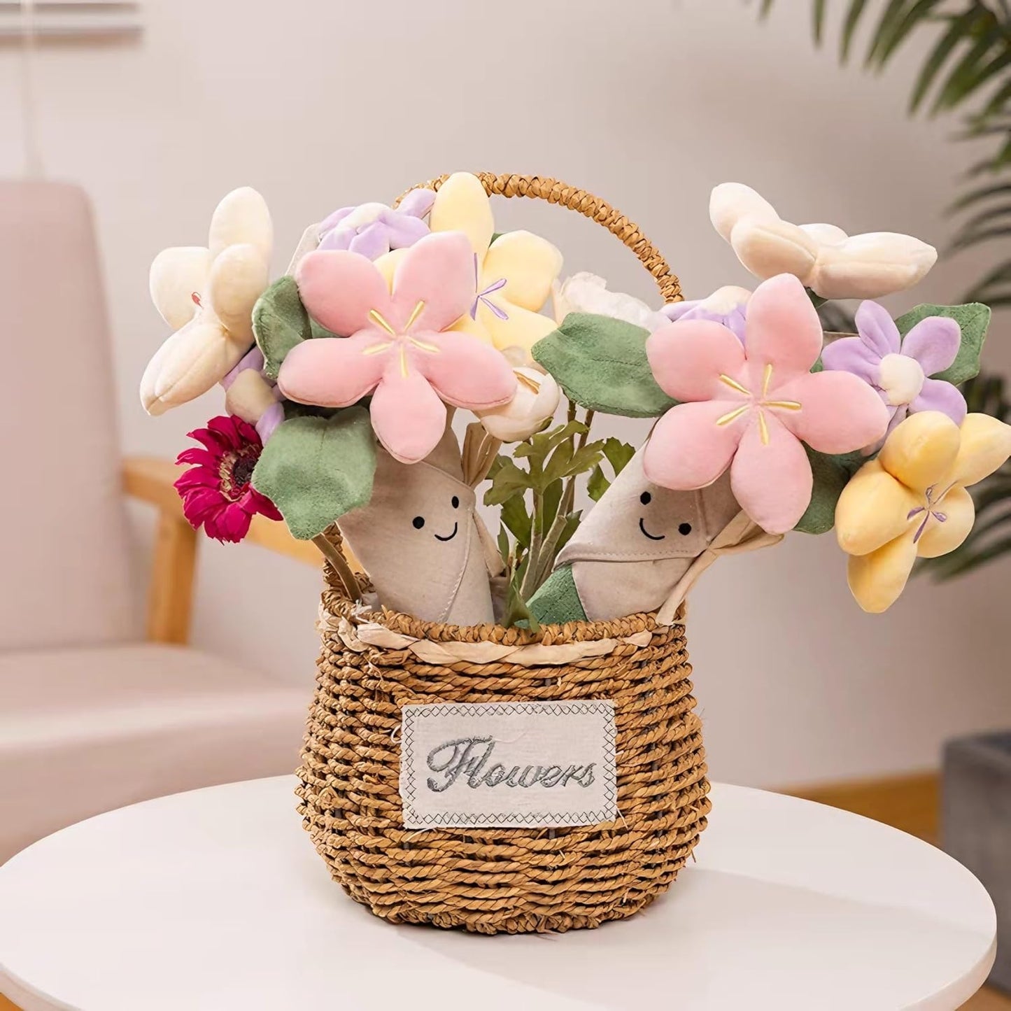 Cute Flower Plush Doll Stuffed Plant Plushie Soft Flower Doll Lovely Smiling Face Huggable Handing Flower Toy Sweet Gifts for Boys Girls Kids Adults, Pink, W32PL00075