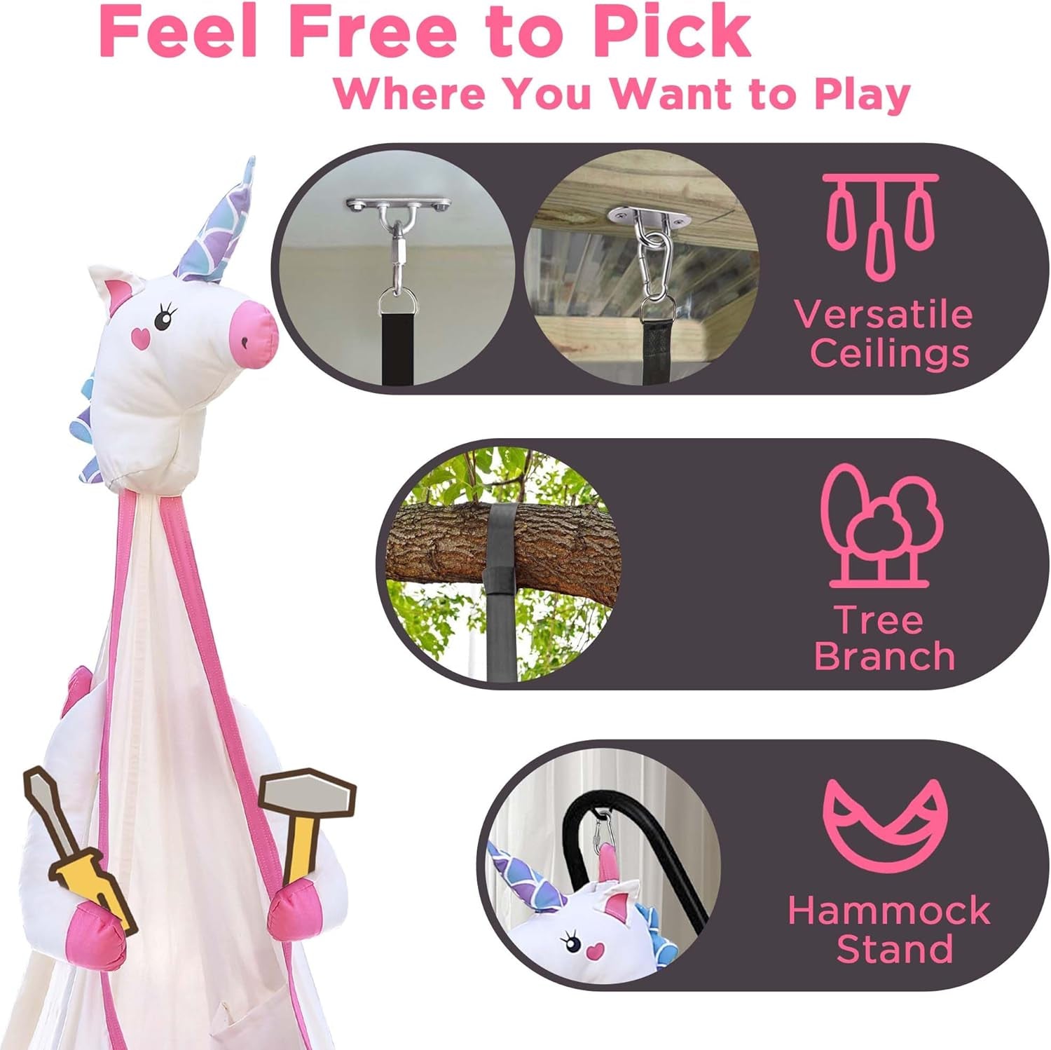 Iplay, Ilearn Kids Pod Swing Set, Toddler Girl Unicorn Swing Toys, Child Porch Hammock, Hanging Tree Tent for Indoor Outdoor Backyard Playground, Sensory Birthday Autism Gift Kit 3 4 5 6 7 8 Years Old