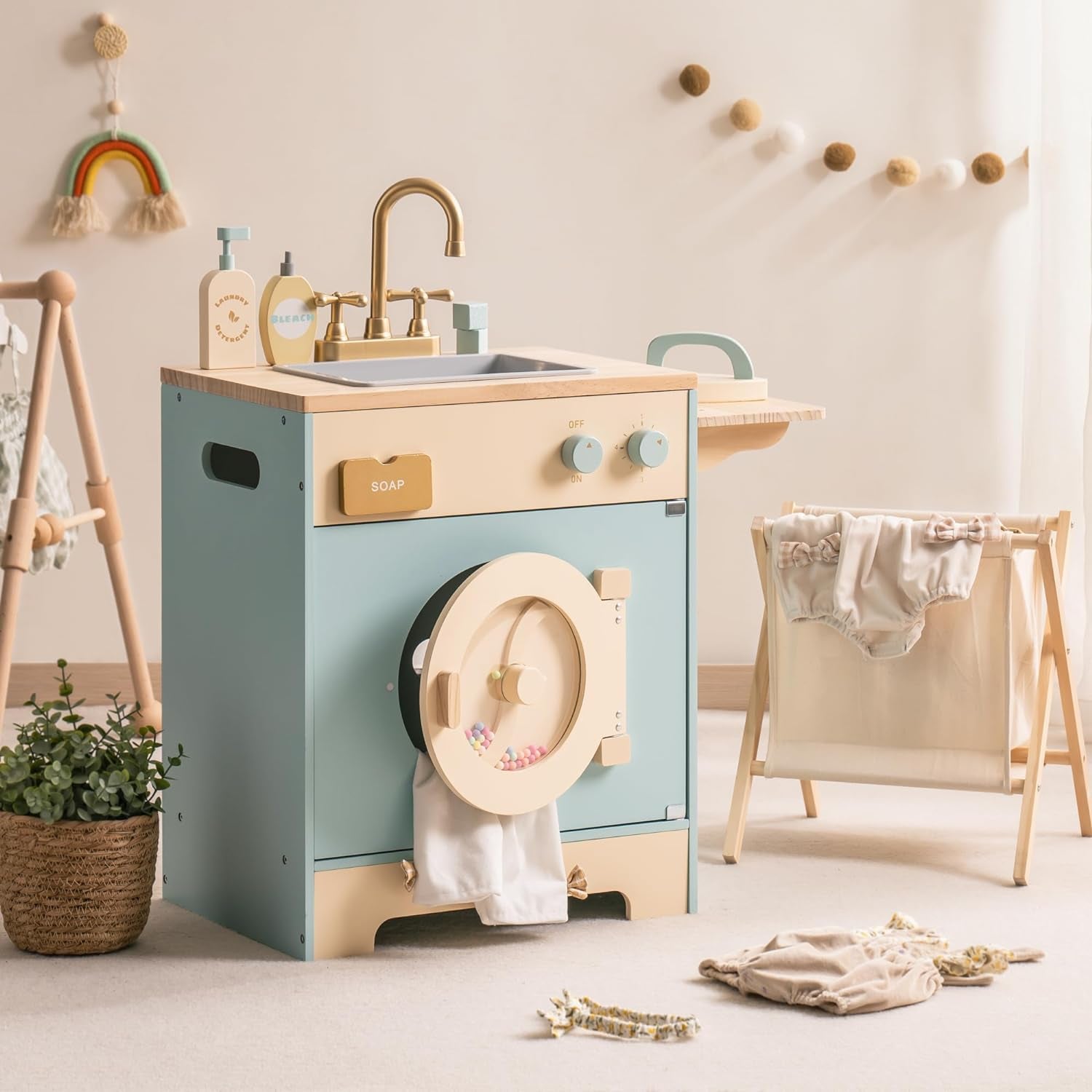 ROBUD Wooden Laundry Playset, Washer and Dryer Set for Kids, Realistic Pretend Play Washing Machine with Basket, Iron, Soap, Bleach, Laundry Detergent, Gift for Boys & Girls, Ages 3+